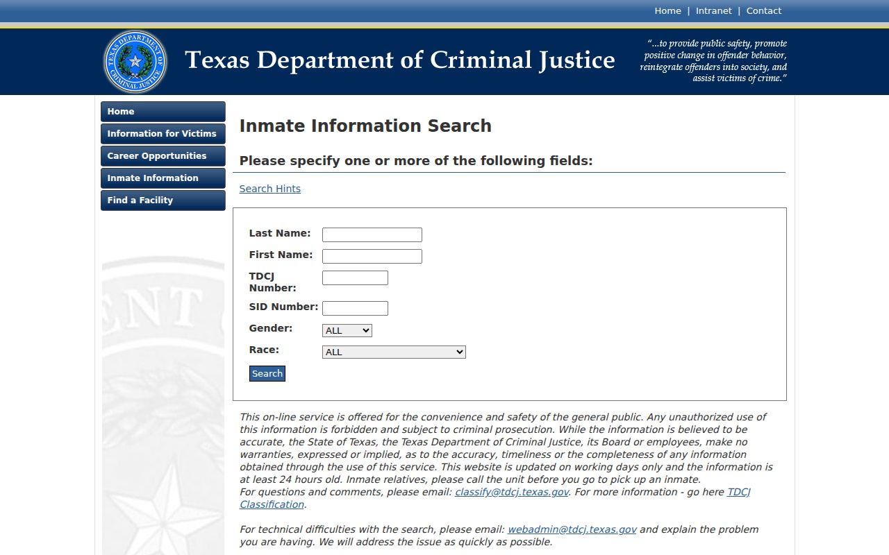 Wilbarger County arrest history TDCJ inmate search form