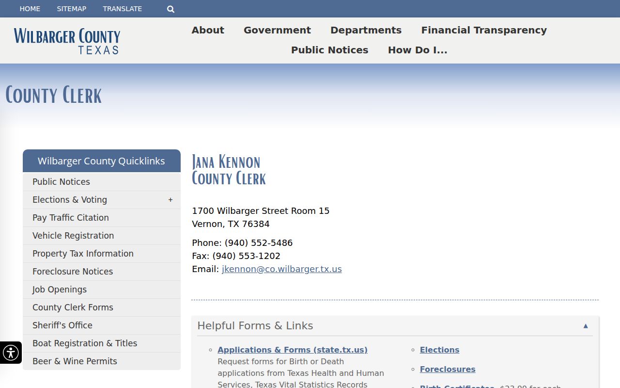 Wilbarger County criminal court case County Clerk page