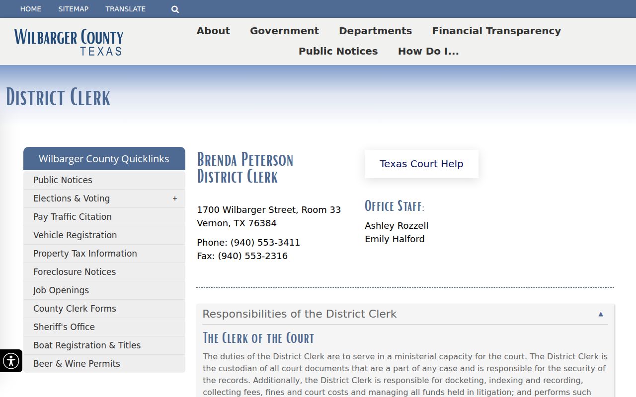 Wilbarger County criminal court case District Clerk page