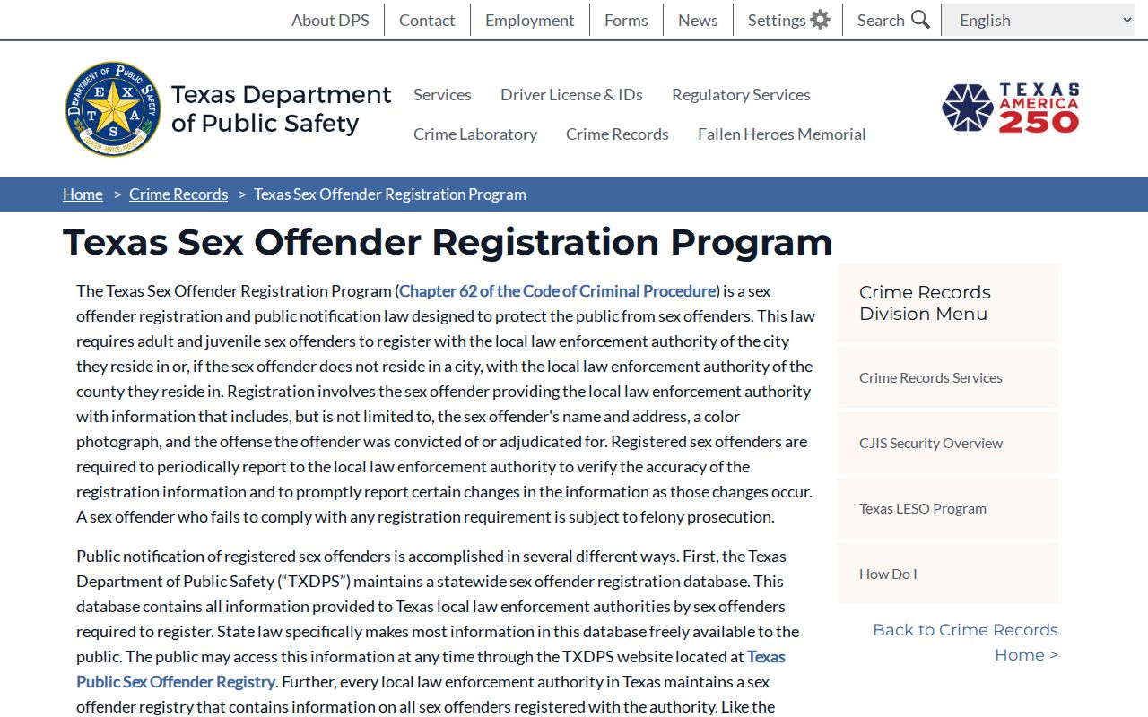 Wilbarger County sex offender registry Texas DPS program information